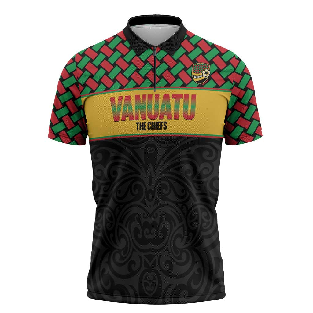 Vanuatu Football Custom Zipper Polo Shirt Go Chiefs Basket-weave Pattern LT14 Black - Polynesian Pride