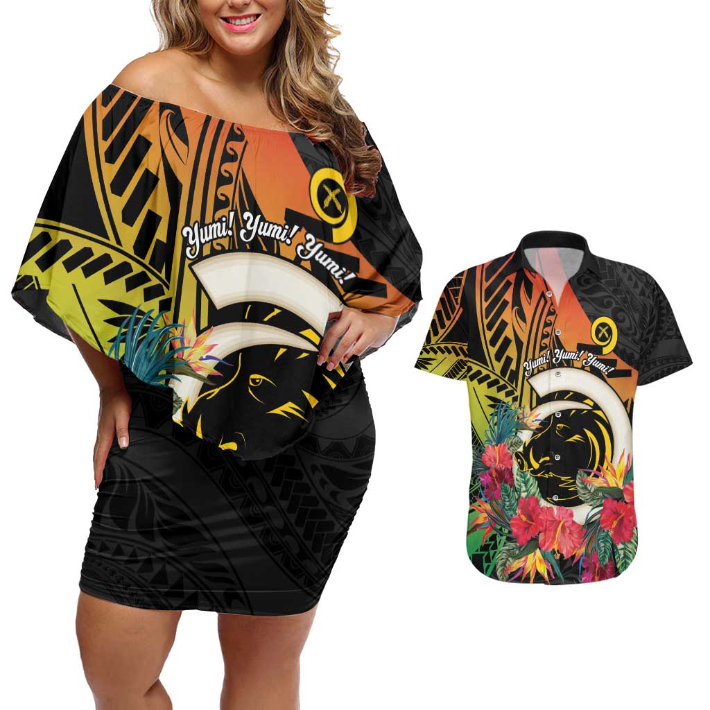 Vanuatu Boar Tusk Yumi Yumi Yumi Couples Matching Off Shoulder Short Dress and Hawaiian Shirt Independens Dei Long God Yumi Stanap