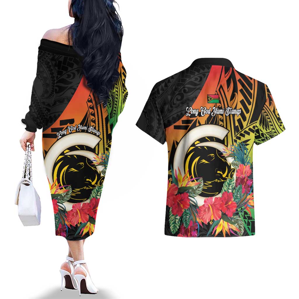 Vanuatu Boar Tusk Yumi Yumi Yumi Couples Matching Off The Shoulder Long Sleeve Dress and Hawaiian Shirt Independens Dei Long God Yumi Stanap