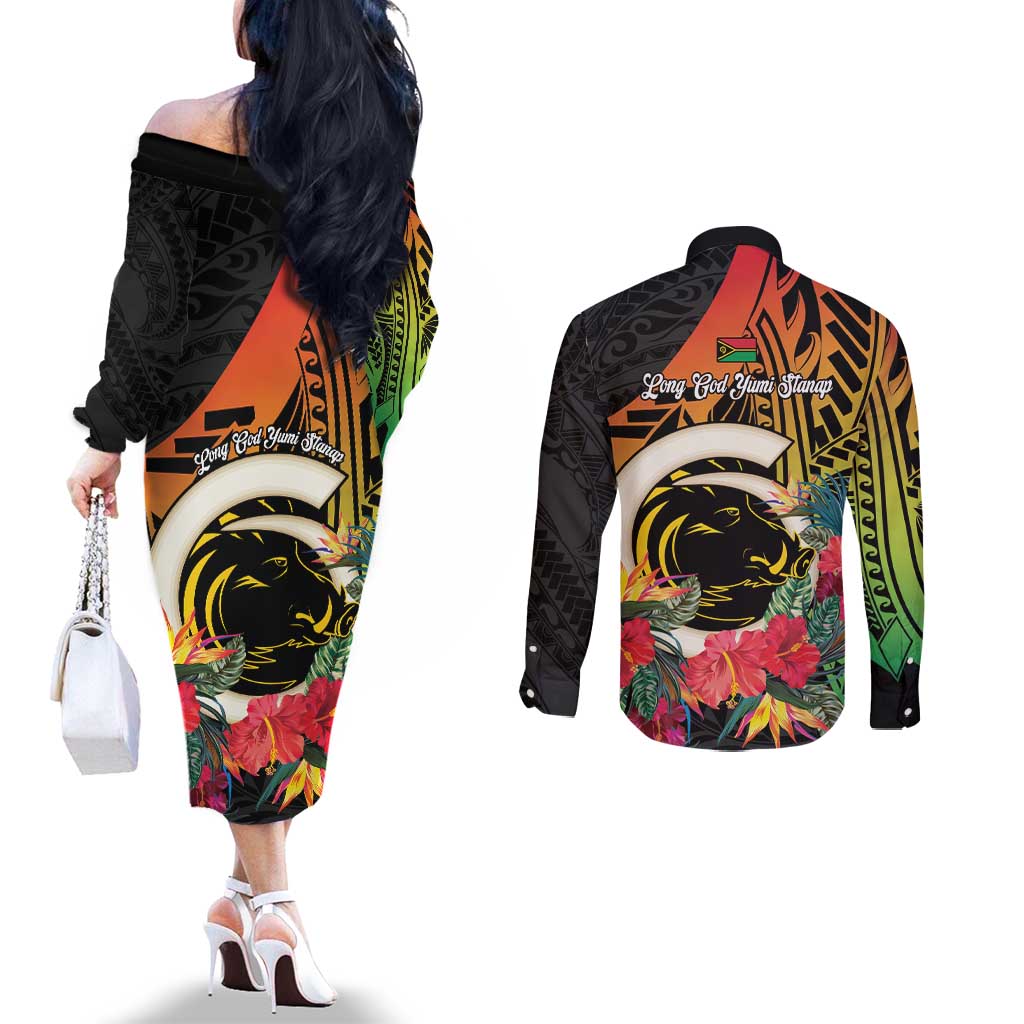 Vanuatu Boar Tusk Yumi Yumi Yumi Couples Matching Off The Shoulder Long Sleeve Dress and Long Sleeve Button Shirt Independens Dei Long God Yumi Stanap