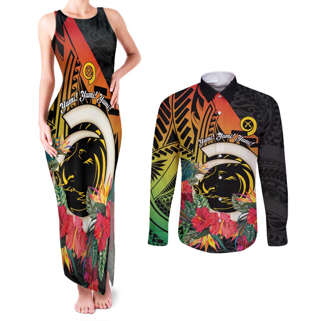 Vanuatu Boar Tusk Yumi Yumi Yumi Couples Matching Tank Maxi Dress and Long Sleeve Button Shirt Independens Dei Long God Yumi Stanap LT14 Black - Polynesian Pride