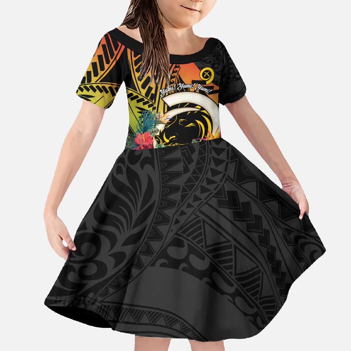 Vanuatu Boar Tusk Yumi Yumi Yumi Family Matching Off The Shoulder Long Sleeve Dress and Hawaiian Shirt Independens Dei Long God Yumi Stanap