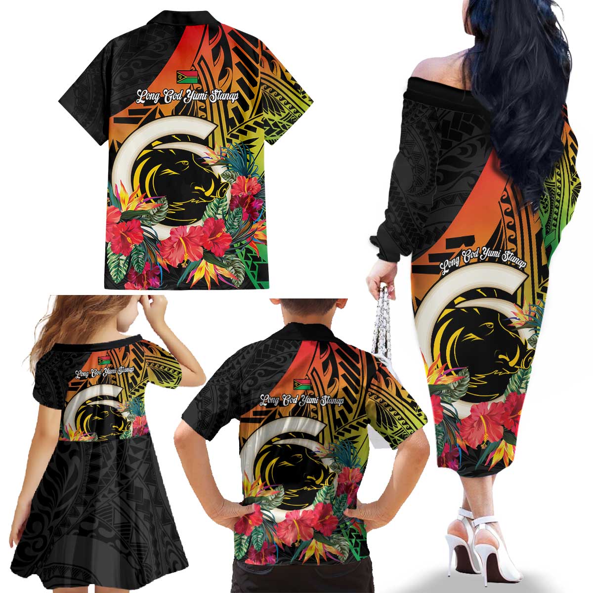 Vanuatu Boar Tusk Yumi Yumi Yumi Family Matching Off The Shoulder Long Sleeve Dress and Hawaiian Shirt Independens Dei Long God Yumi Stanap