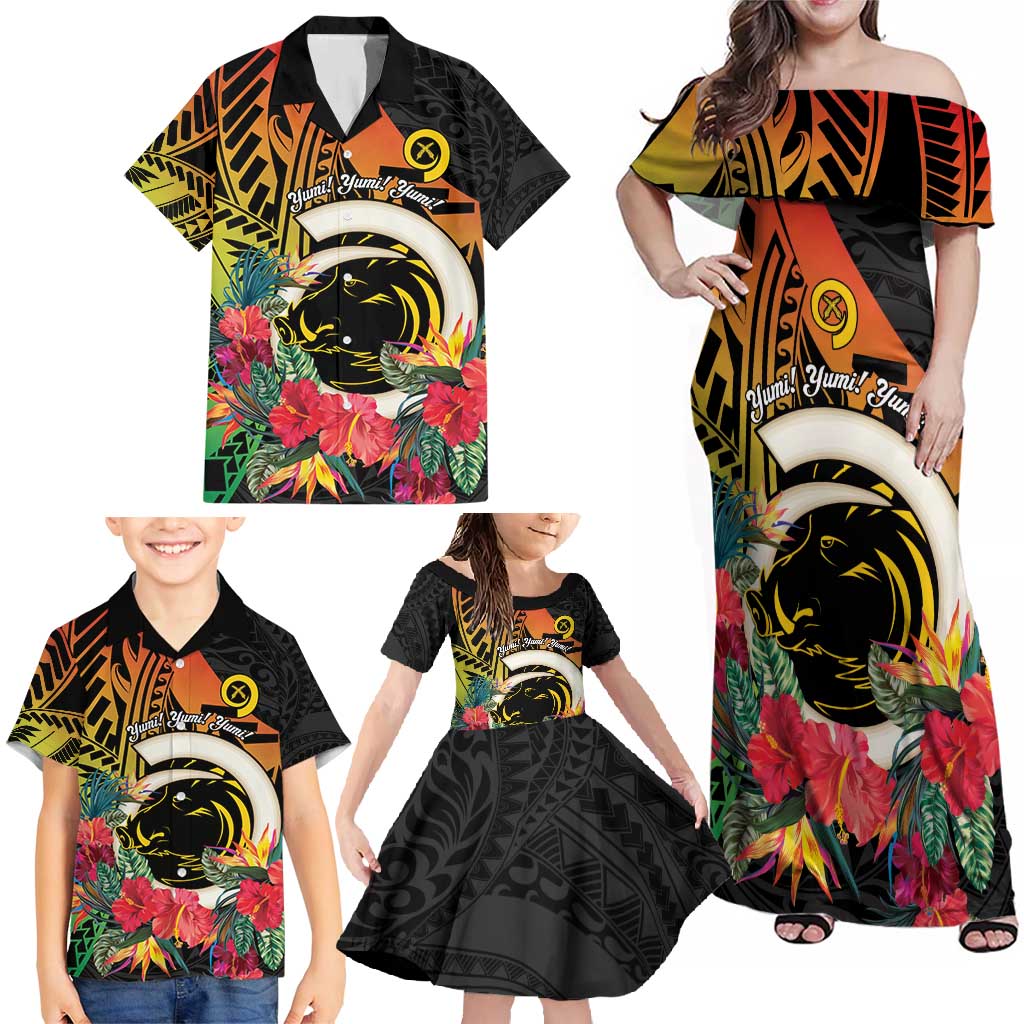 Vanuatu Boar Tusk Yumi Yumi Yumi Family Matching Off Shoulder Maxi Dress and Hawaiian Shirt Independens Dei Long God Yumi Stanap LT14 - Polynesian Pride