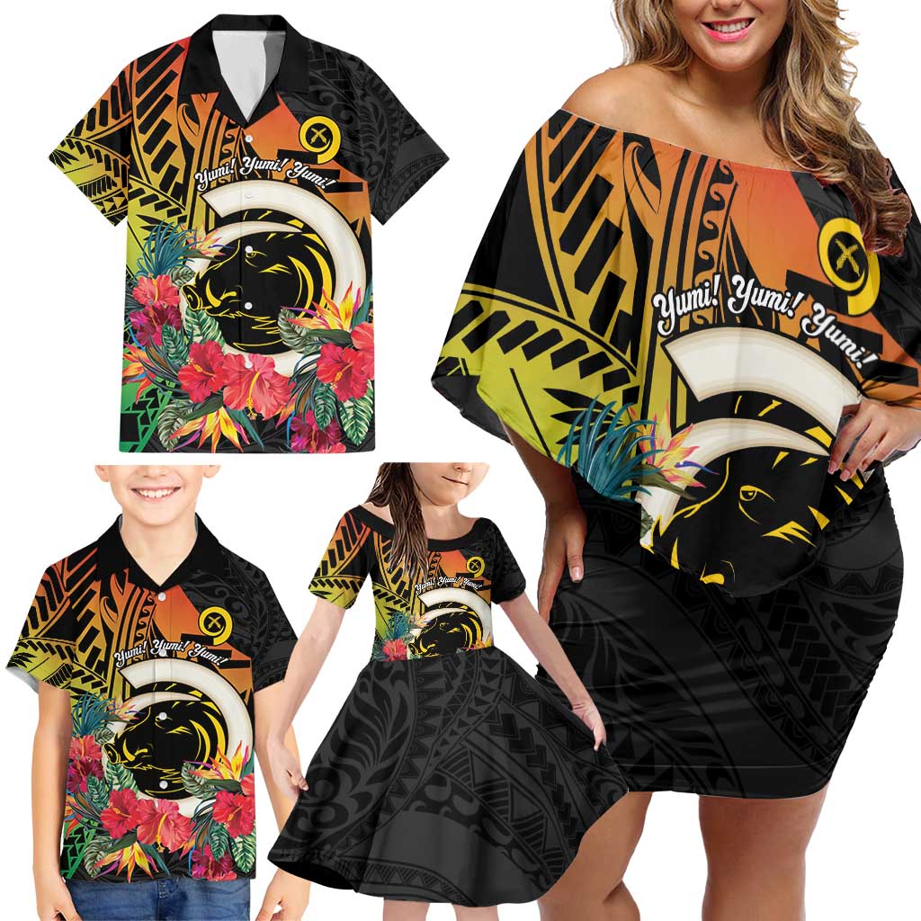 Vanuatu Boar Tusk Yumi Yumi Yumi Family Matching Off Shoulder Short Dress and Hawaiian Shirt Independens Dei Long God Yumi Stanap LT14 - Polynesian Pride