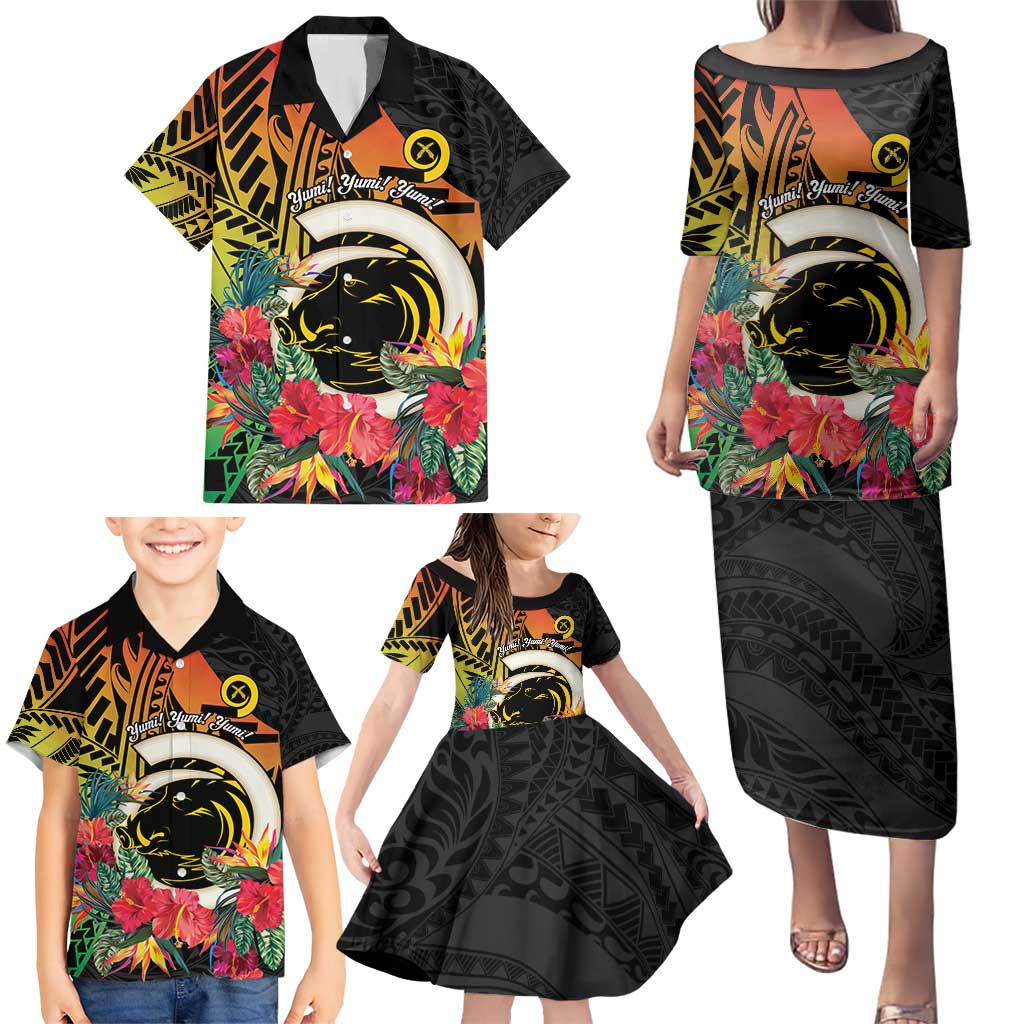 Vanuatu Boar Tusk Yumi Yumi Yumi Family Matching Puletasi and Hawaiian Shirt Independens Dei Long God Yumi Stanap