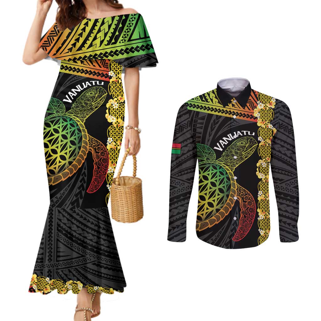 Vanuatu Sand Drawing Turtle Couples Matching Mermaid Dress and Long Sleeve Button Shirt Happy Independence Day LT14 Black - Polynesian Pride