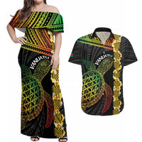 Vanuatu Sand Drawing Turtle Couples Matching Off Shoulder Maxi Dress and Hawaiian Shirt Happy Independence Day LT14 Black - Polynesian Pride