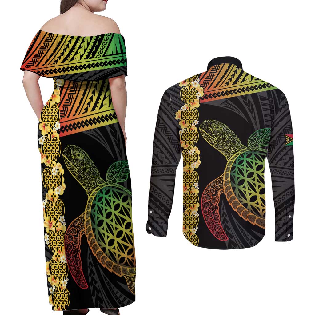 Vanuatu Sand Drawing Turtle Couples Matching Off Shoulder Maxi Dress and Long Sleeve Button Shirt Happy Independence Day LT14 - Polynesian Pride