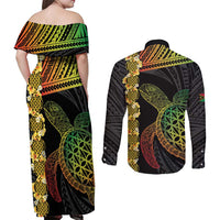 Vanuatu Sand Drawing Turtle Couples Matching Off Shoulder Maxi Dress and Long Sleeve Button Shirt Happy Independence Day LT14 - Polynesian Pride