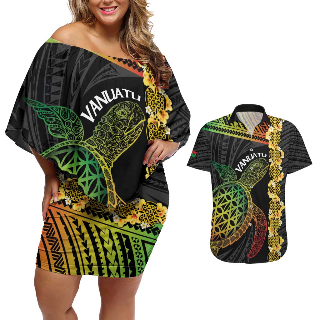 Vanuatu Sand Drawing Turtle Couples Matching Off Shoulder Short Dress and Hawaiian Shirt Happy Independence Day LT14 Black - Polynesian Pride