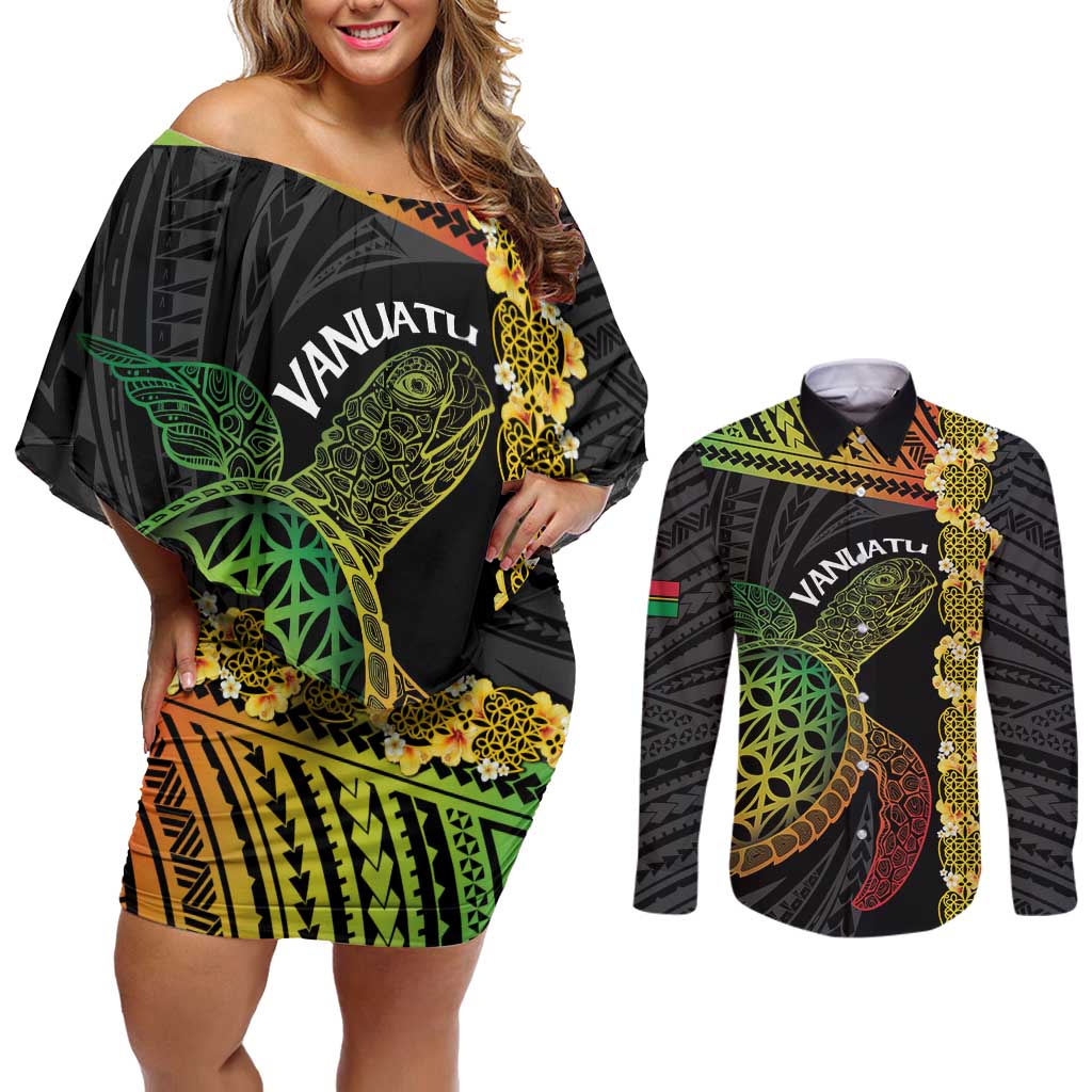 Vanuatu Sand Drawing Turtle Couples Matching Off Shoulder Short Dress and Long Sleeve Button Shirt Happy Independence Day LT14 Black - Polynesian Pride