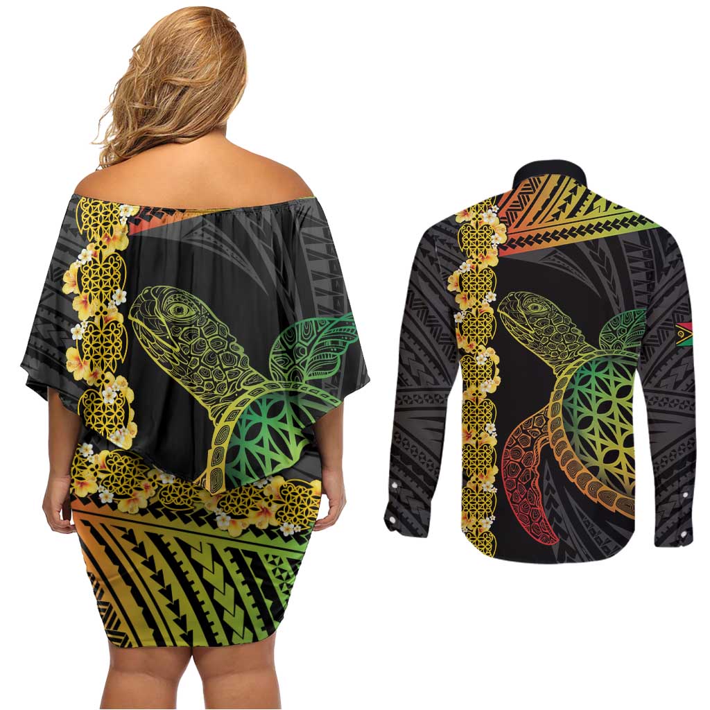 Vanuatu Sand Drawing Turtle Couples Matching Off Shoulder Short Dress and Long Sleeve Button Shirt Happy Independence Day LT14 - Polynesian Pride