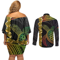 Vanuatu Sand Drawing Turtle Couples Matching Off Shoulder Short Dress and Long Sleeve Button Shirt Happy Independence Day LT14 - Polynesian Pride