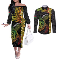Vanuatu Sand Drawing Turtle Couples Matching Off The Shoulder Long Sleeve Dress and Long Sleeve Button Shirt Happy Independence Day LT14 Black - Polynesian Pride
