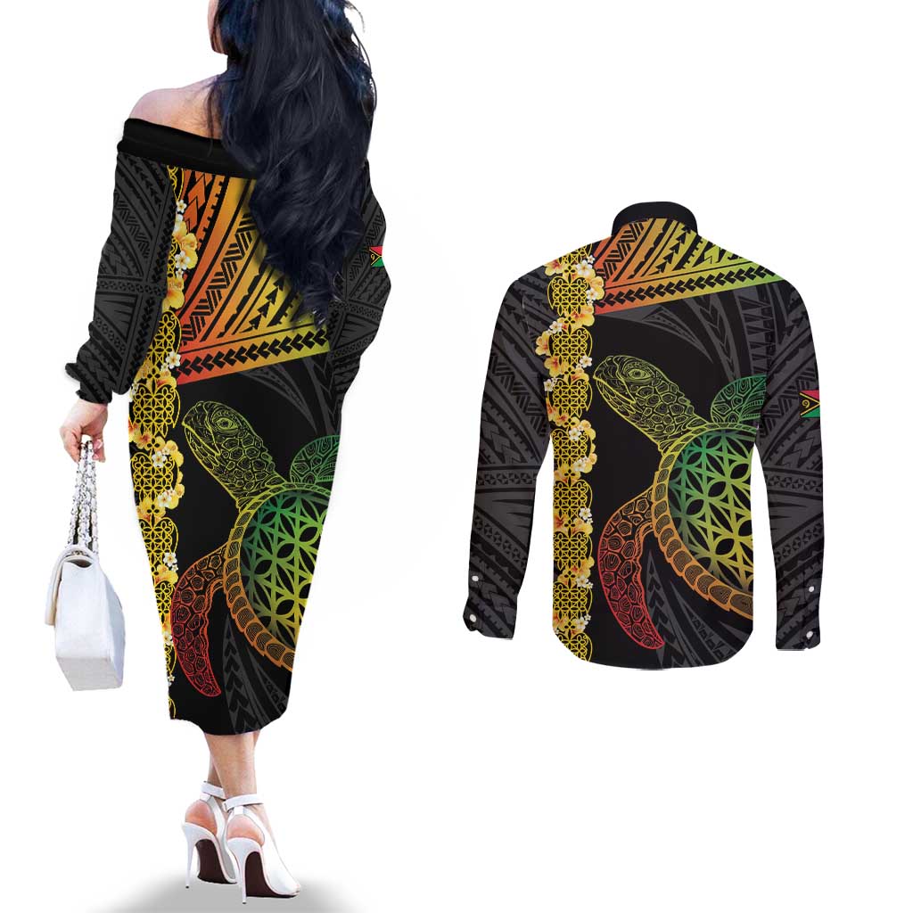 Vanuatu Sand Drawing Turtle Couples Matching Off The Shoulder Long Sleeve Dress and Long Sleeve Button Shirt Happy Independence Day LT14 - Polynesian Pride