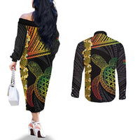 Vanuatu Sand Drawing Turtle Couples Matching Off The Shoulder Long Sleeve Dress and Long Sleeve Button Shirt Happy Independence Day LT14 - Polynesian Pride