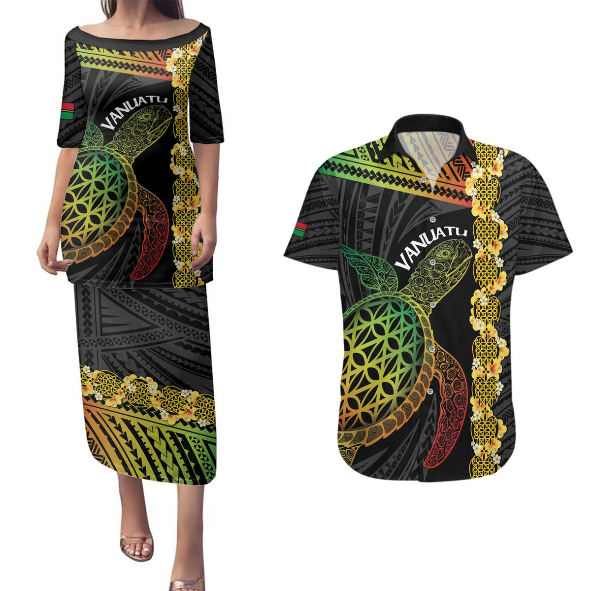 Vanuatu Sand Drawing Turtle Couples Matching Puletasi and Hawaiian Shirt Happy Independence Day LT14 Black - Polynesian Pride