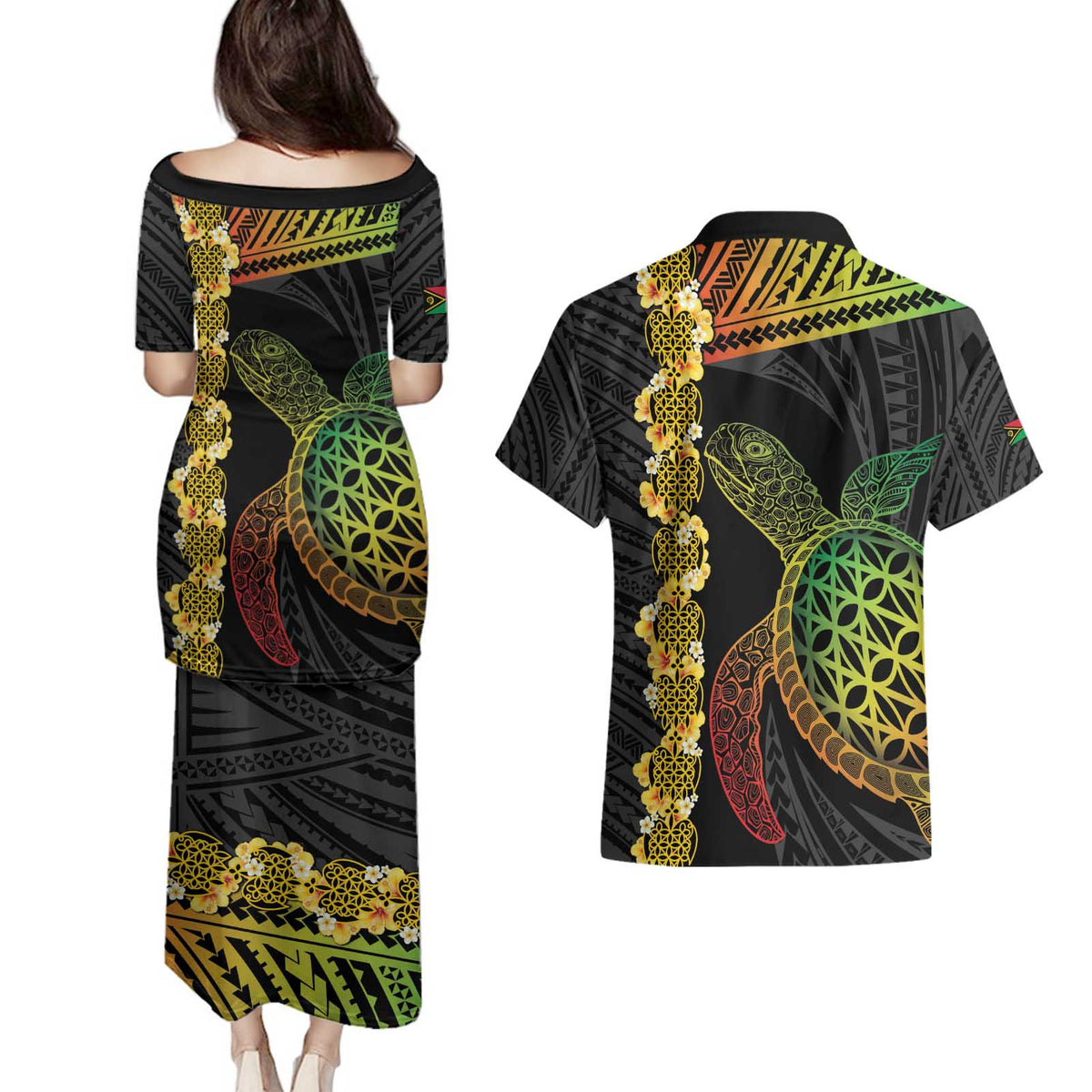 Vanuatu Sand Drawing Turtle Couples Matching Puletasi and Hawaiian Shirt Happy Independence Day LT14 - Polynesian Pride