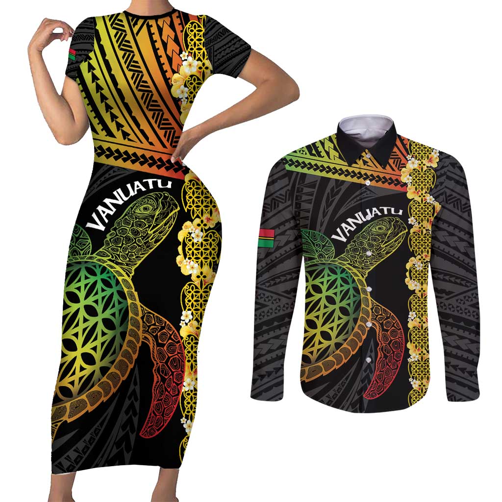 Vanuatu Sand Drawing Turtle Couples Matching Short Sleeve Bodycon Dress and Long Sleeve Button Shirt Happy Independence Day LT14 Black - Polynesian Pride
