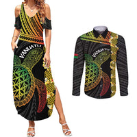 Vanuatu Sand Drawing Turtle Couples Matching Summer Maxi Dress and Long Sleeve Button Shirt Happy Independence Day LT14 Black - Polynesian Pride