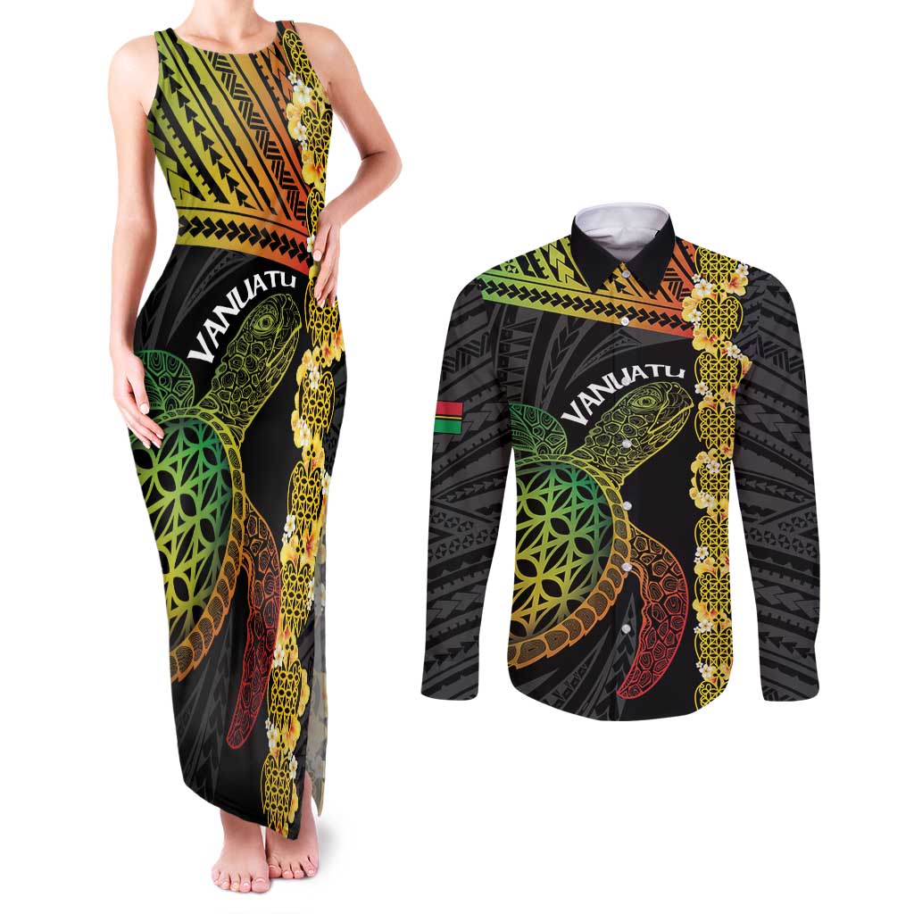Vanuatu Sand Drawing Turtle Couples Matching Tank Maxi Dress and Long Sleeve Button Shirt Happy Independence Day LT14 Black - Polynesian Pride