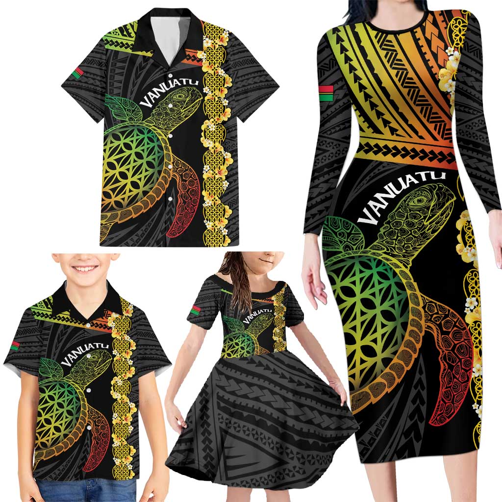 Vanuatu Sand Drawing Turtle Family Matching Long Sleeve Bodycon Dress and Hawaiian Shirt Happy Independence Day LT14 - Polynesian Pride