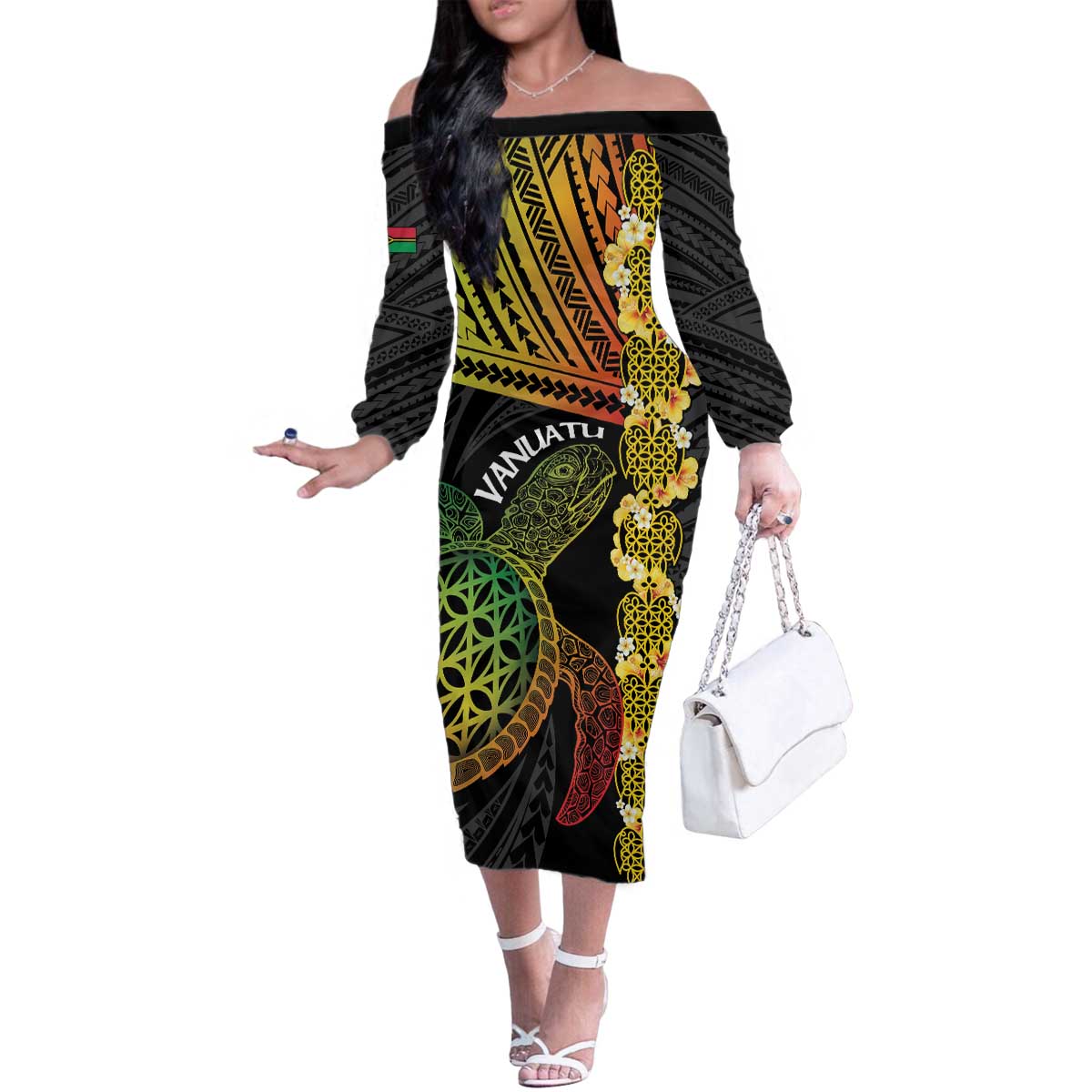 Vanuatu Sand Drawing Turtle Family Matching Off The Shoulder Long Sleeve Dress and Hawaiian Shirt Happy Independence Day