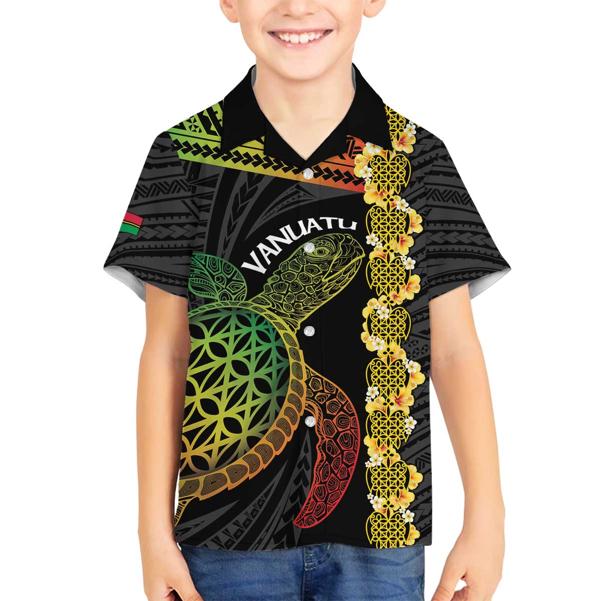 Vanuatu Sand Drawing Turtle Family Matching Off The Shoulder Long Sleeve Dress and Hawaiian Shirt Happy Independence Day