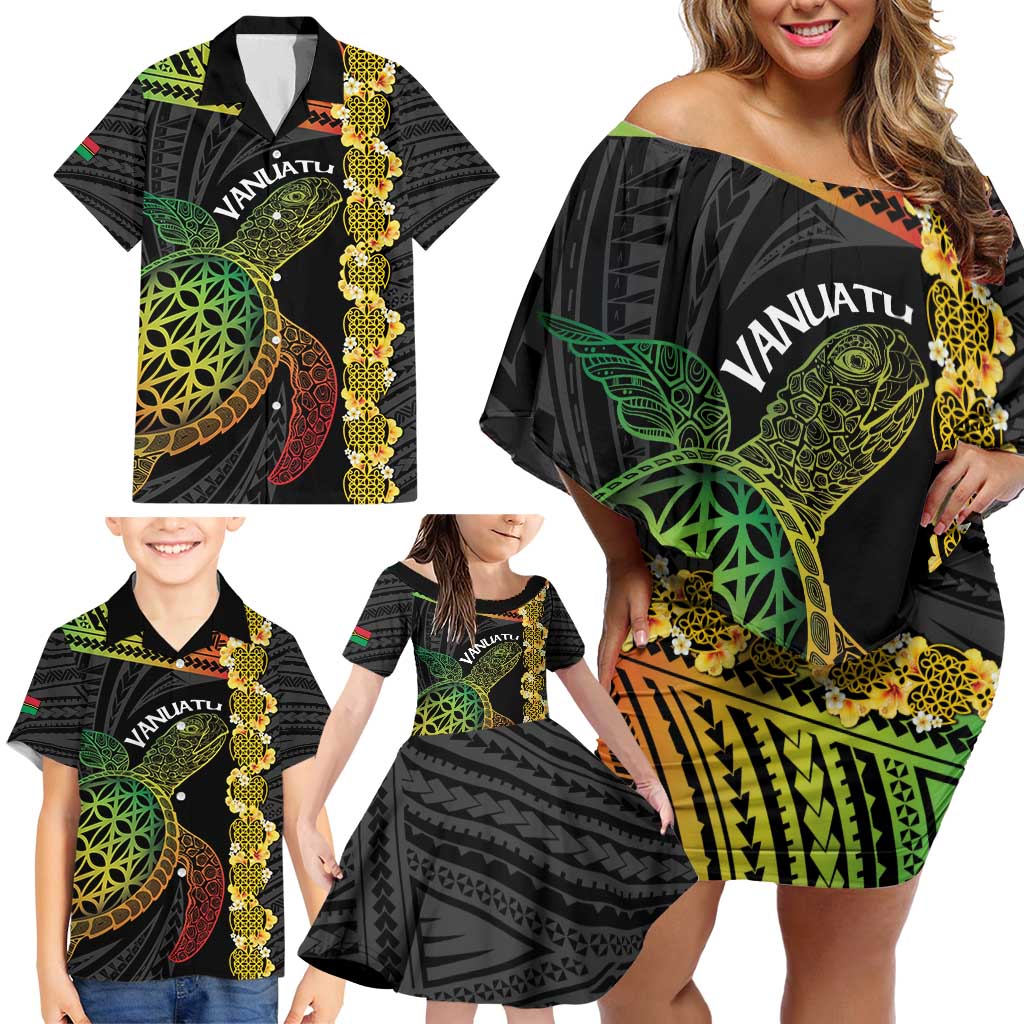 Vanuatu Sand Drawing Turtle Family Matching Off Shoulder Short Dress and Hawaiian Shirt Happy Independence Day LT14 - Polynesian Pride