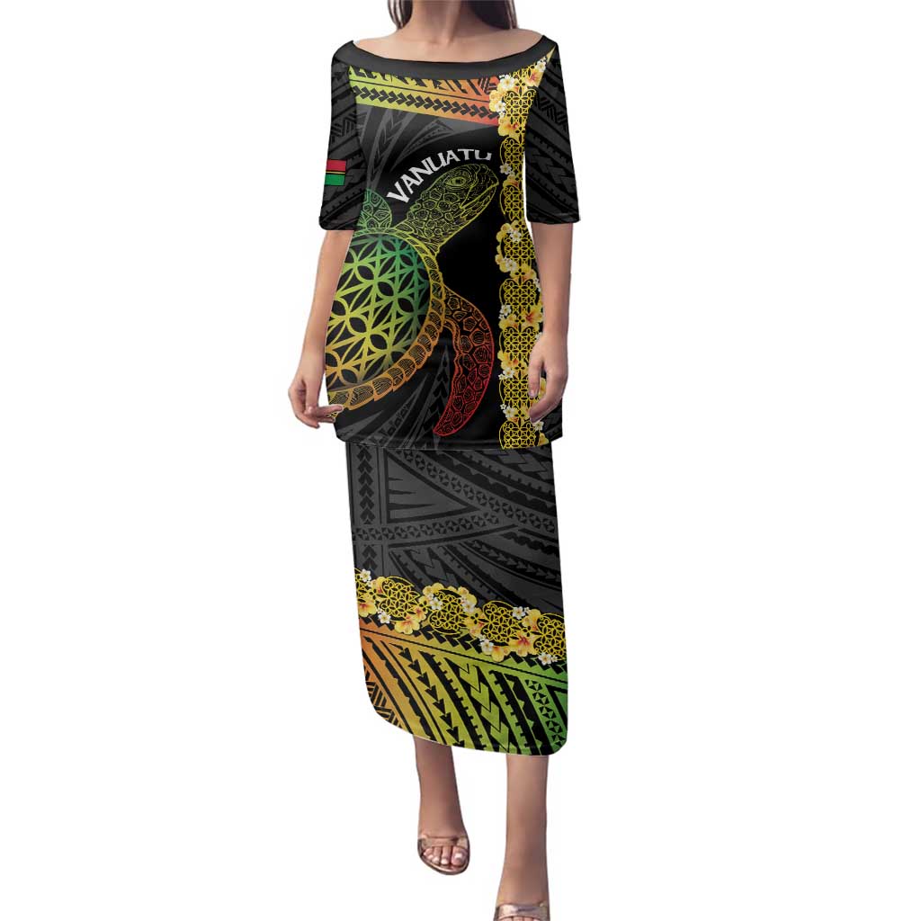 Vanuatu Sand Drawing Turtle Family Matching Puletasi and Hawaiian Shirt Happy Independence Day LT14 Mom's Dress Black - Polynesian Pride