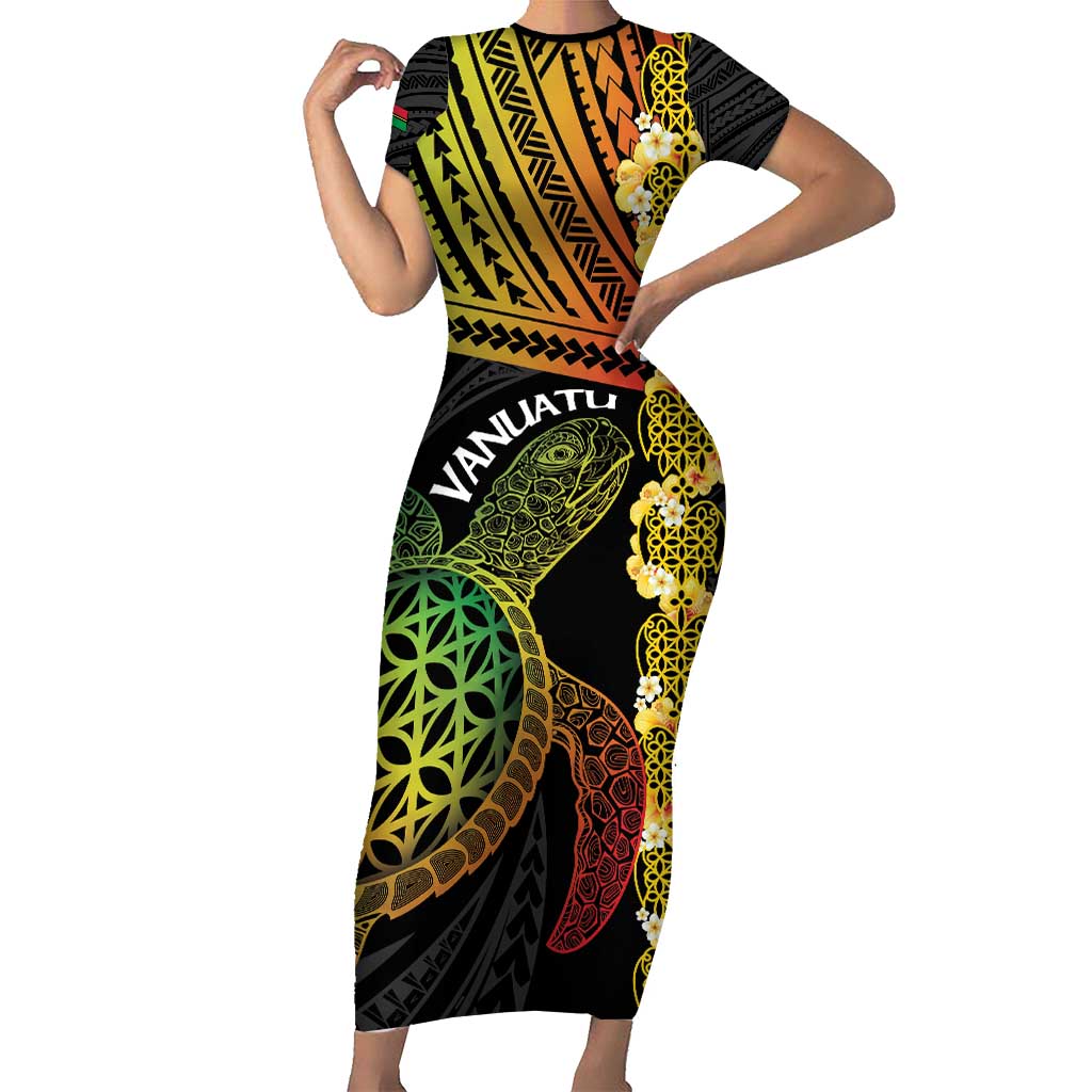 Vanuatu Sand Drawing Turtle Short Sleeve Bodycon Dress Happy Independence Day