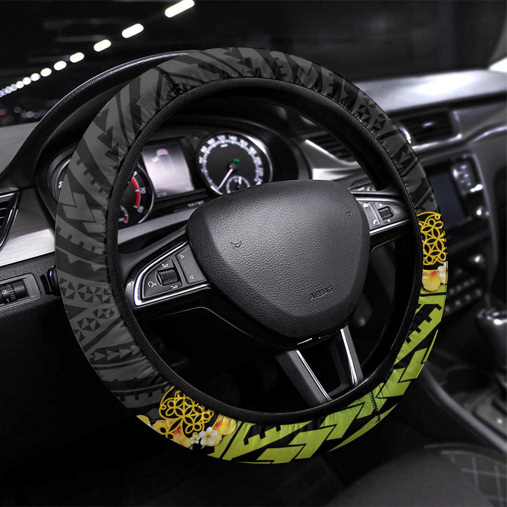 Vanuatu Sand Drawing Turtle Steering Wheel Cover Happy Independence Day LT14 Universal Fit Black - Polynesian Pride