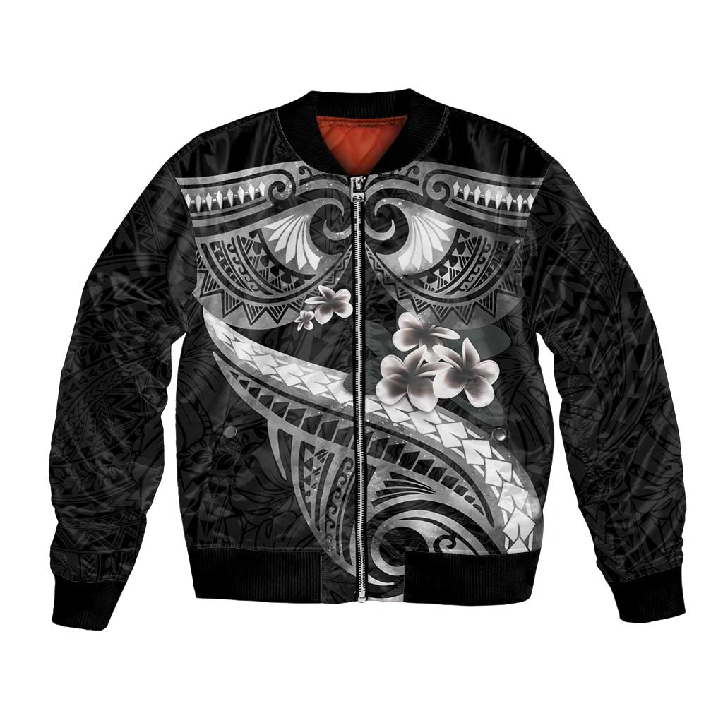 Black Polynesia Bomber Jacket Tribal Pattern Tropical Frangipani