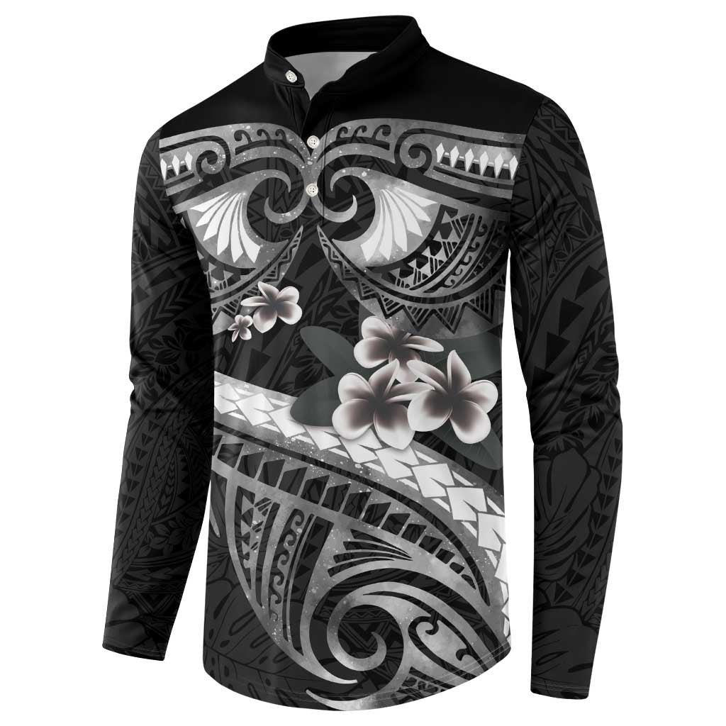 Black Polynesia Button Sweatshirt Tribal Pattern Tropical Frangipani