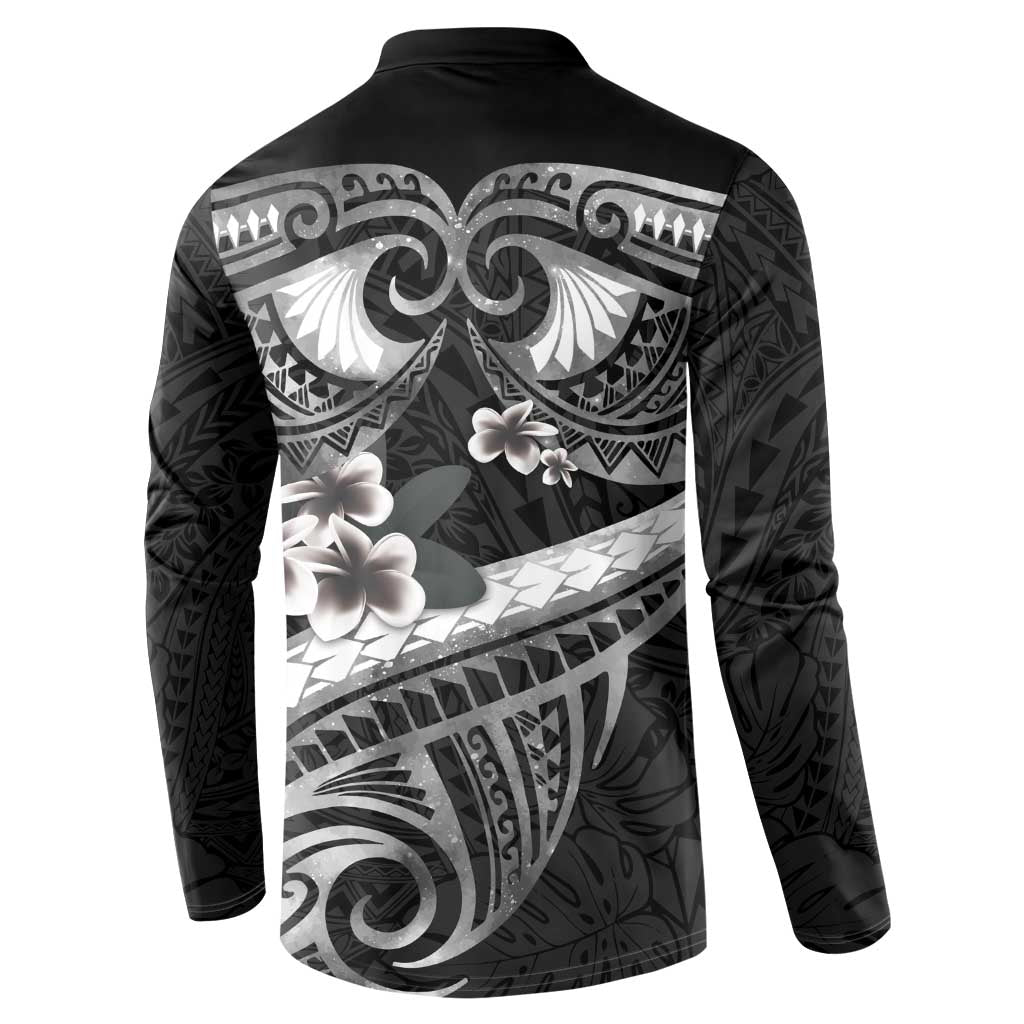 Black Polynesia Button Sweatshirt Tribal Pattern Tropical Frangipani