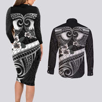 Black Polynesia Couples Matching Long Sleeve Bodycon Dress and Long Sleeve Button Shirt Tribal Pattern Tropical Frangipani LT14 - Polynesian Pride