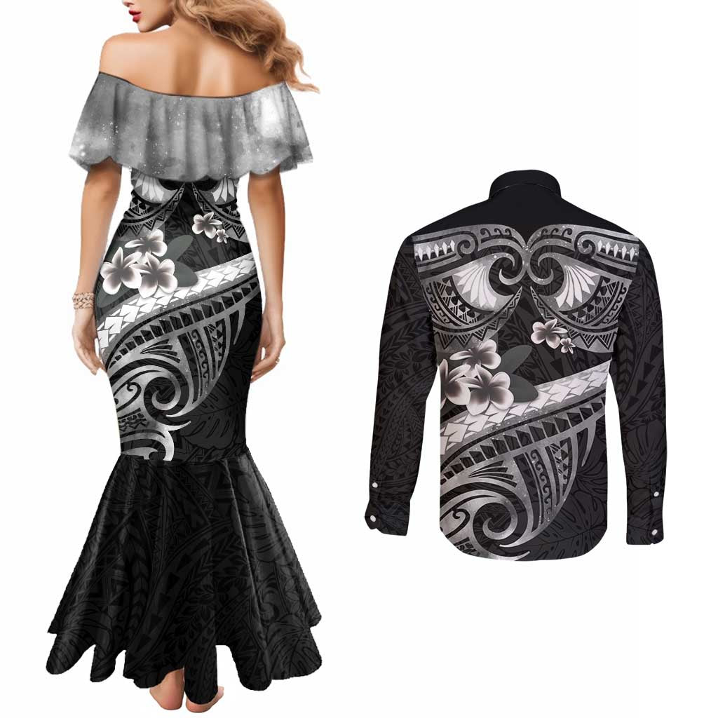 Black Polynesia Couples Matching Mermaid Dress and Long Sleeve Button Shirt Tribal Pattern Tropical Frangipani LT14 - Polynesian Pride