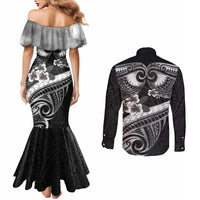 Black Polynesia Couples Matching Mermaid Dress and Long Sleeve Button Shirt Tribal Pattern Tropical Frangipani LT14 - Polynesian Pride