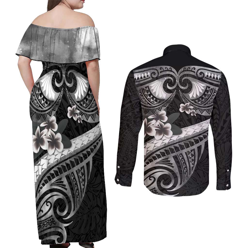 Black Polynesia Couples Matching Off Shoulder Maxi Dress and Long Sleeve Button Shirt Tribal Pattern Tropical Frangipani LT14 - Polynesian Pride
