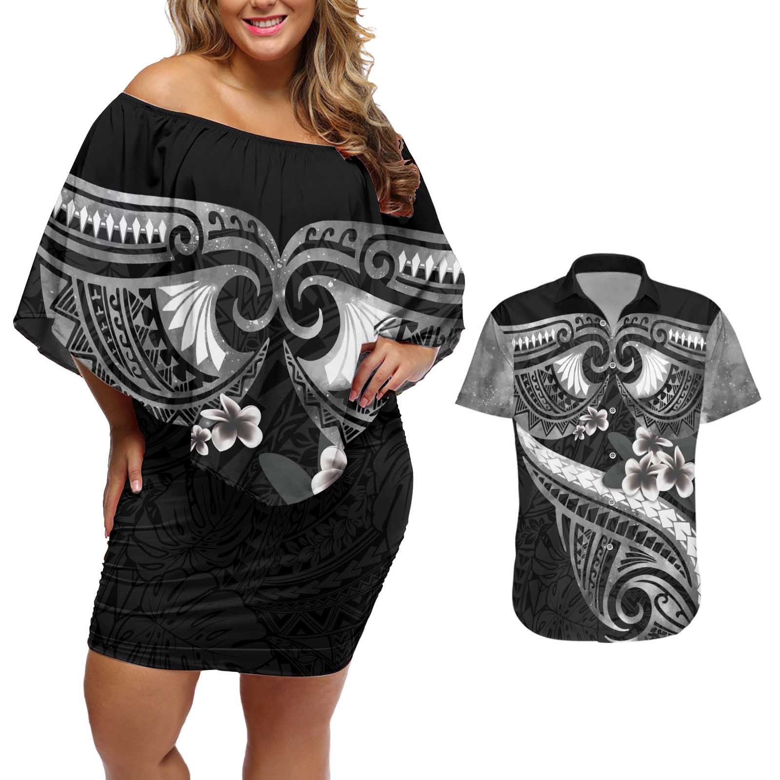 Black Polynesia Couples Matching Off Shoulder Short Dress and Hawaiian Shirt Tribal Pattern Tropical Frangipani LT14 Black - Polynesian Pride