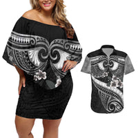 Black Polynesia Couples Matching Off Shoulder Short Dress and Hawaiian Shirt Tribal Pattern Tropical Frangipani LT14 Black - Polynesian Pride