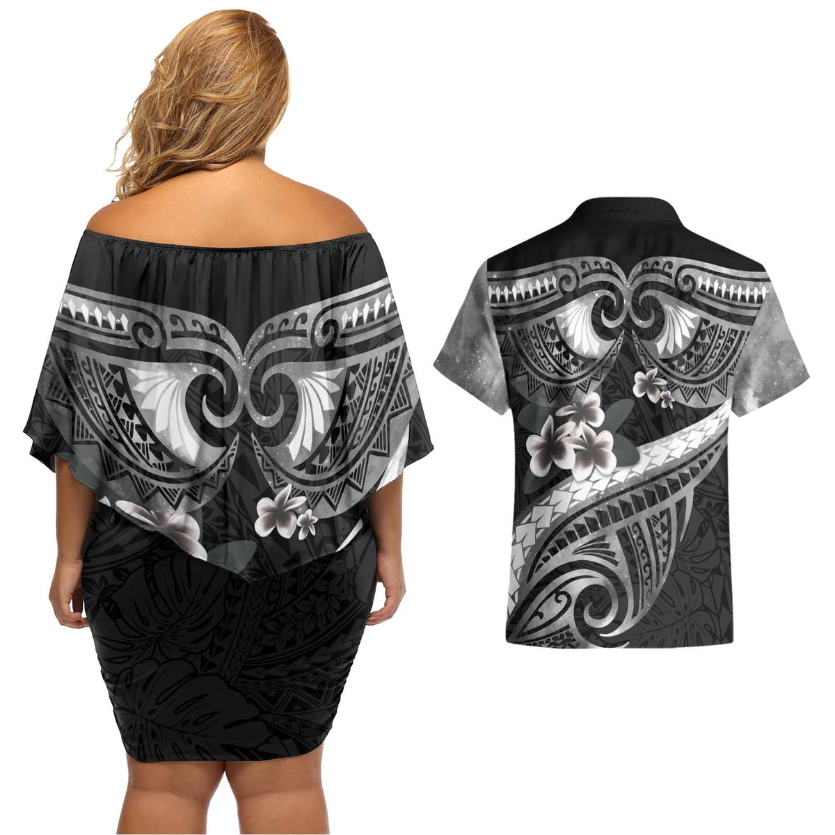 Black Polynesia Couples Matching Off Shoulder Short Dress and Hawaiian Shirt Tribal Pattern Tropical Frangipani LT14 - Polynesian Pride