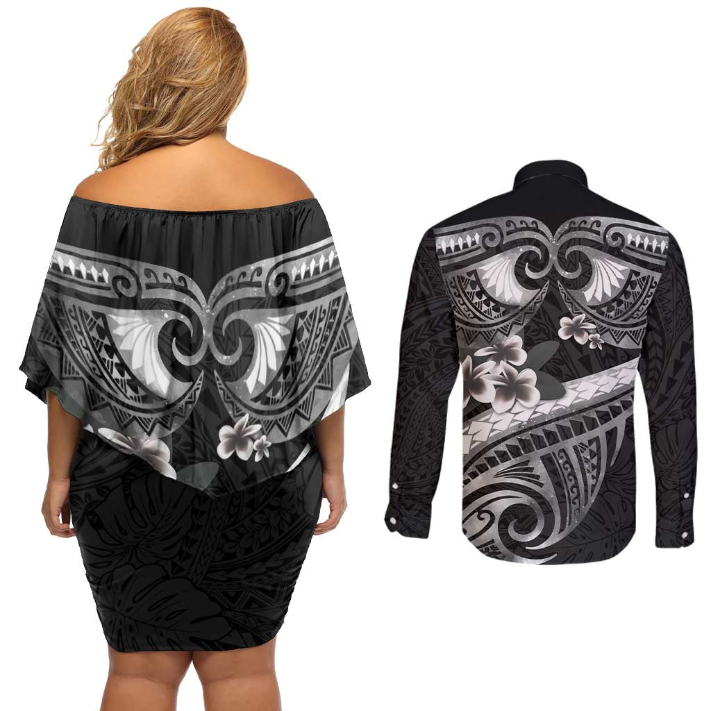 Black Polynesia Couples Matching Off Shoulder Short Dress and Long Sleeve Button Shirt Tribal Pattern Tropical Frangipani LT14 - Polynesian Pride