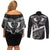 Black Polynesia Couples Matching Off Shoulder Short Dress and Long Sleeve Button Shirt Tribal Pattern Tropical Frangipani