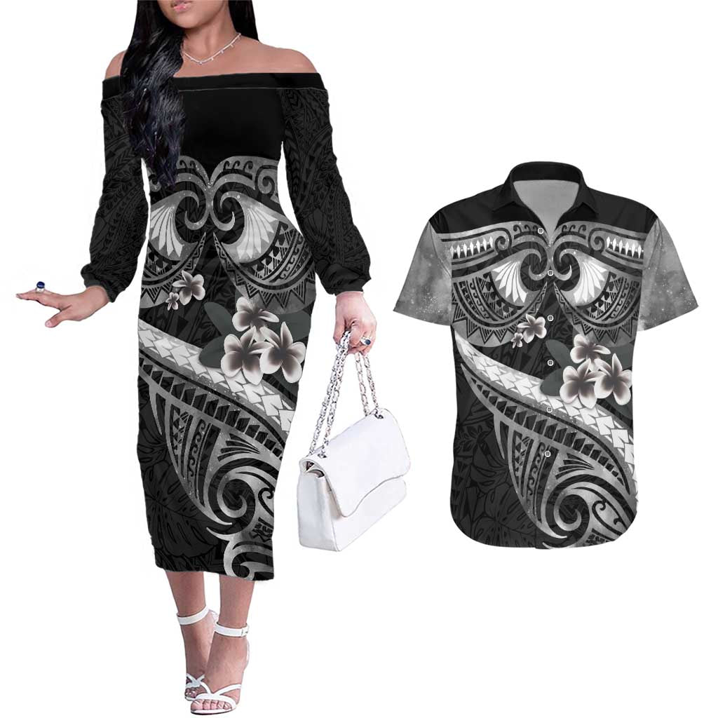 Black Polynesia Couples Matching Off The Shoulder Long Sleeve Dress and Hawaiian Shirt Tribal Pattern Tropical Frangipani LT14 Black - Polynesian Pride