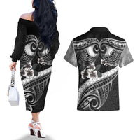 Black Polynesia Couples Matching Off The Shoulder Long Sleeve Dress and Hawaiian Shirt Tribal Pattern Tropical Frangipani LT14 - Polynesian Pride