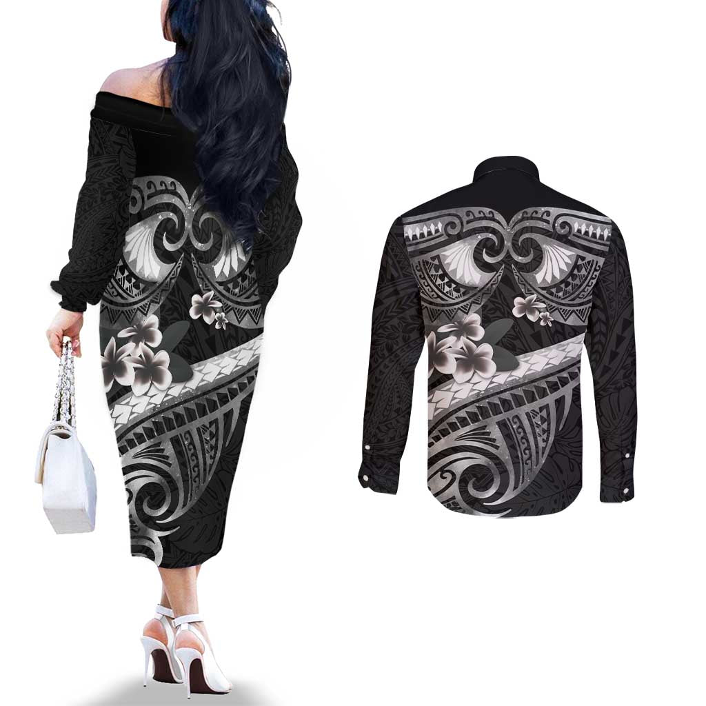 Black Polynesia Couples Matching Off The Shoulder Long Sleeve Dress and Long Sleeve Button Shirt Tribal Pattern Tropical Frangipani LT14 - Polynesian Pride