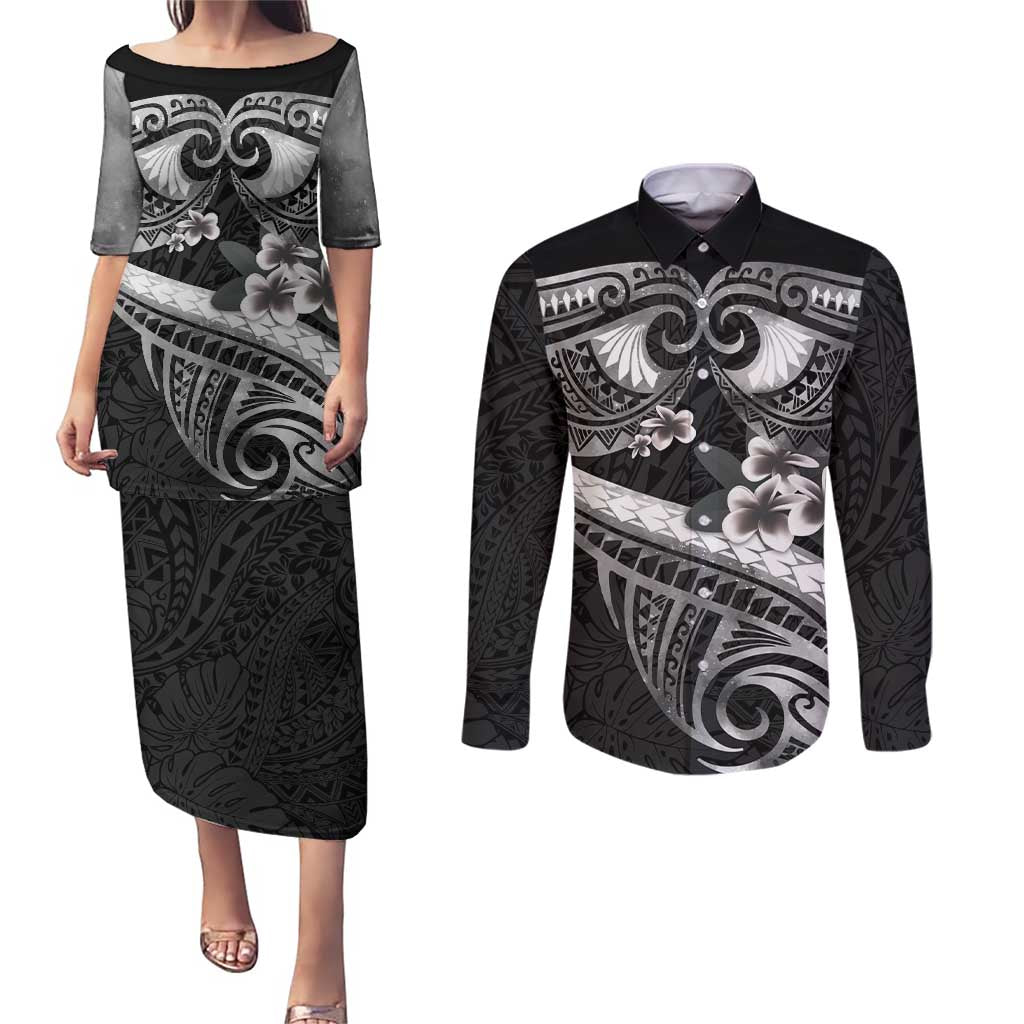Black Polynesia Couples Matching Puletasi and Long Sleeve Button Shirt Tribal Pattern Tropical Frangipani LT14 Black - Polynesian Pride