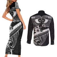 Black Polynesia Couples Matching Short Sleeve Bodycon Dress and Long Sleeve Button Shirt Tribal Pattern Tropical Frangipani LT14 - Polynesian Pride